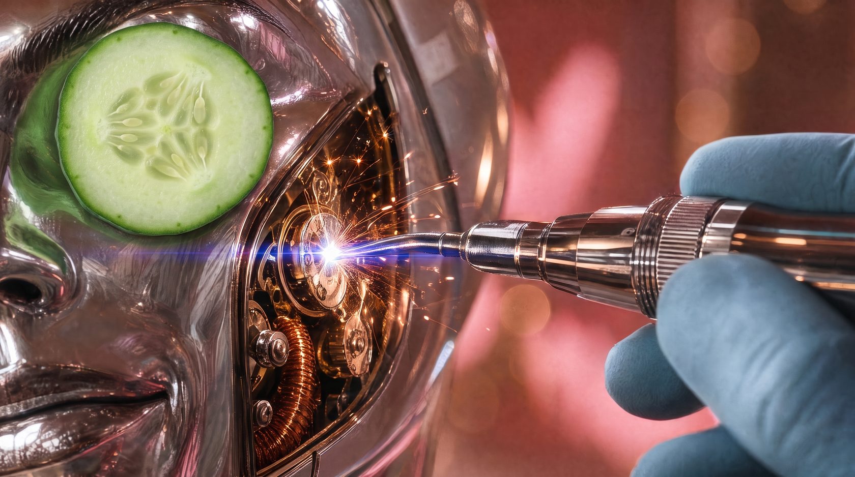 Sparks inside a chrome face panel, cucumber slice in place