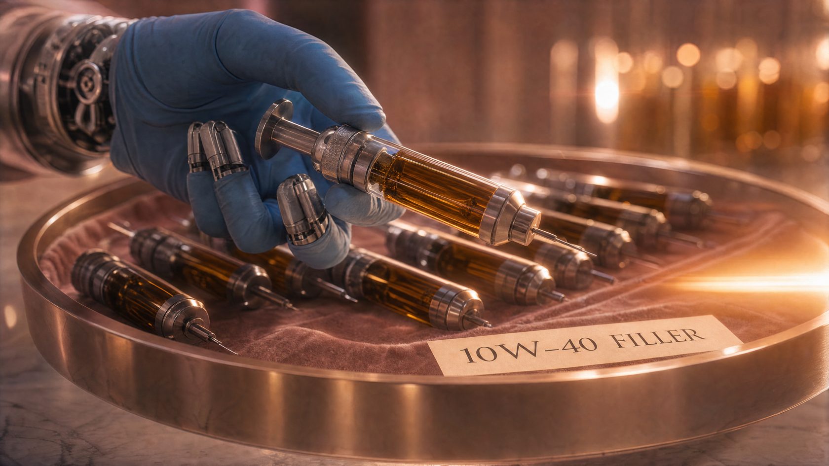 A tray of 10W-40 filler ampoules