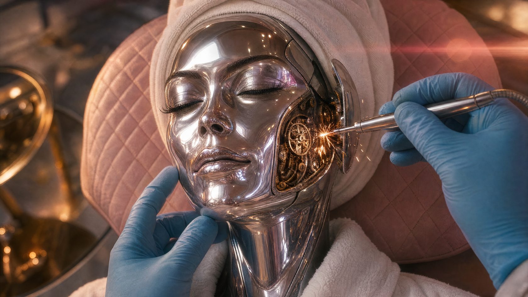 A technician calibrates a glamorous robot patient