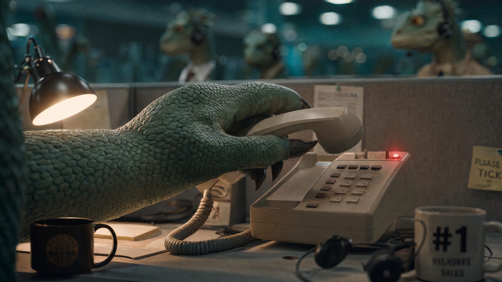 A scaled claw picks up the office phone