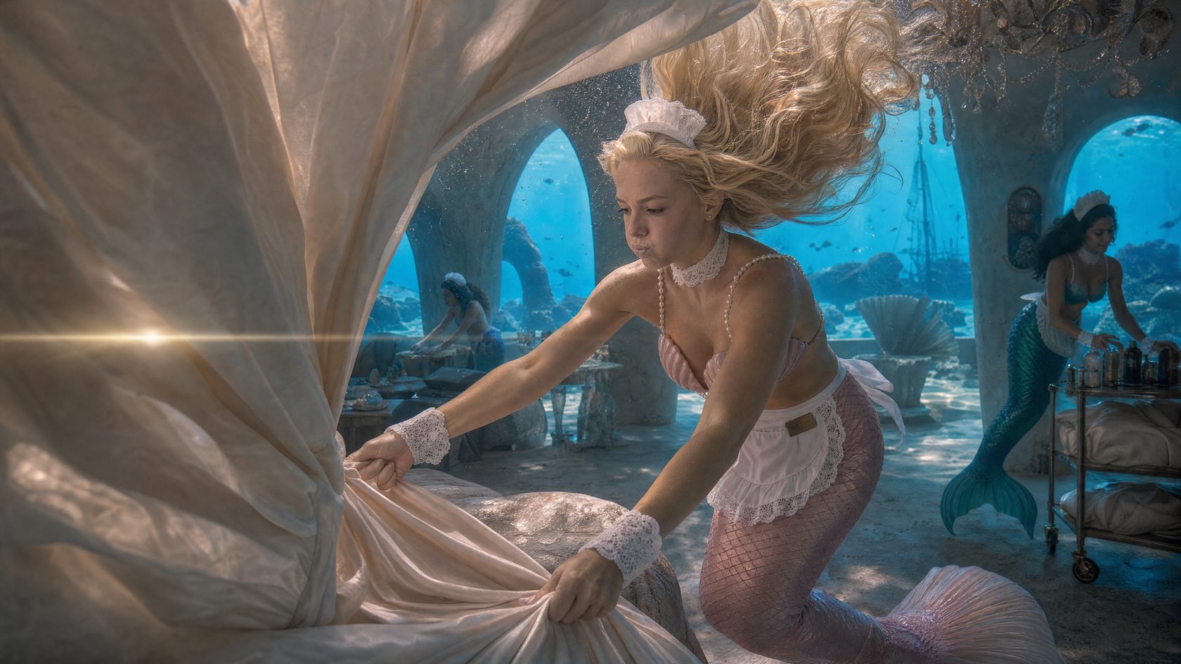 A mermaid maid smooths the bed