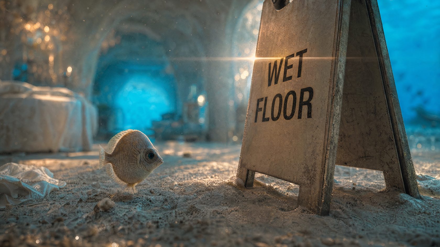 A wet floor sign in the flooded suite