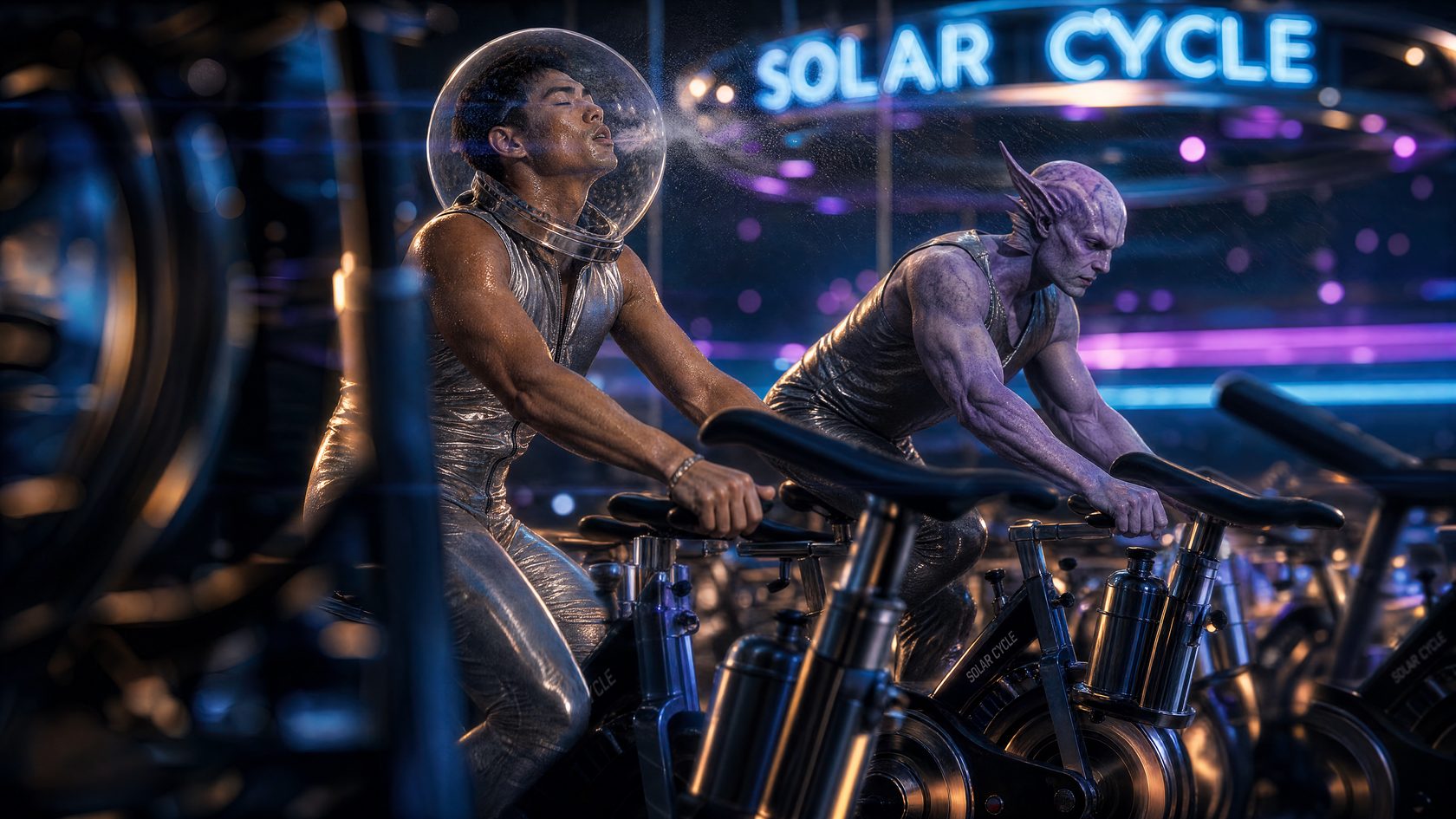 Cyclists in bubble helmets pedal on chrome bikes